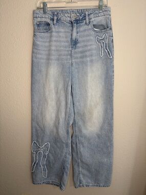 Thereabouts High Rise Extra Wide Leg Jeans with Bow Embroidery, Girls 16